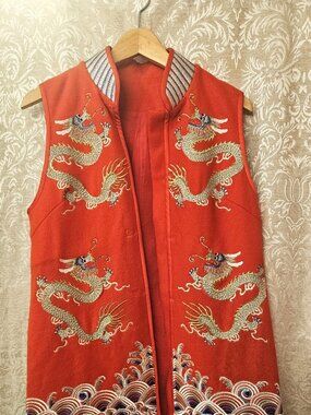 Embroidered dragons clouds waves long red felt traditional Chinese vest
